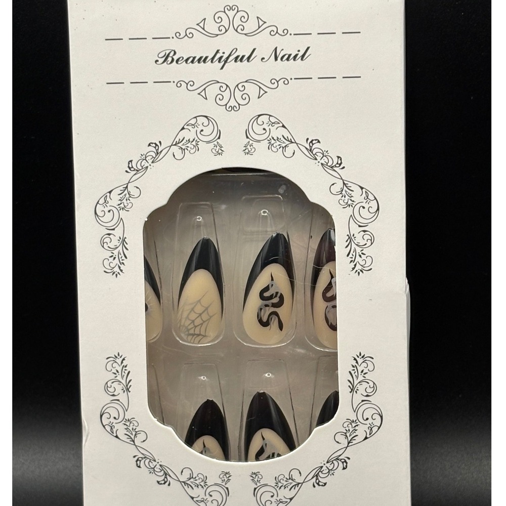 Beautiful Nail Halloween Spider Web Snake Press On Nails‎ Stiletto Medium Almond